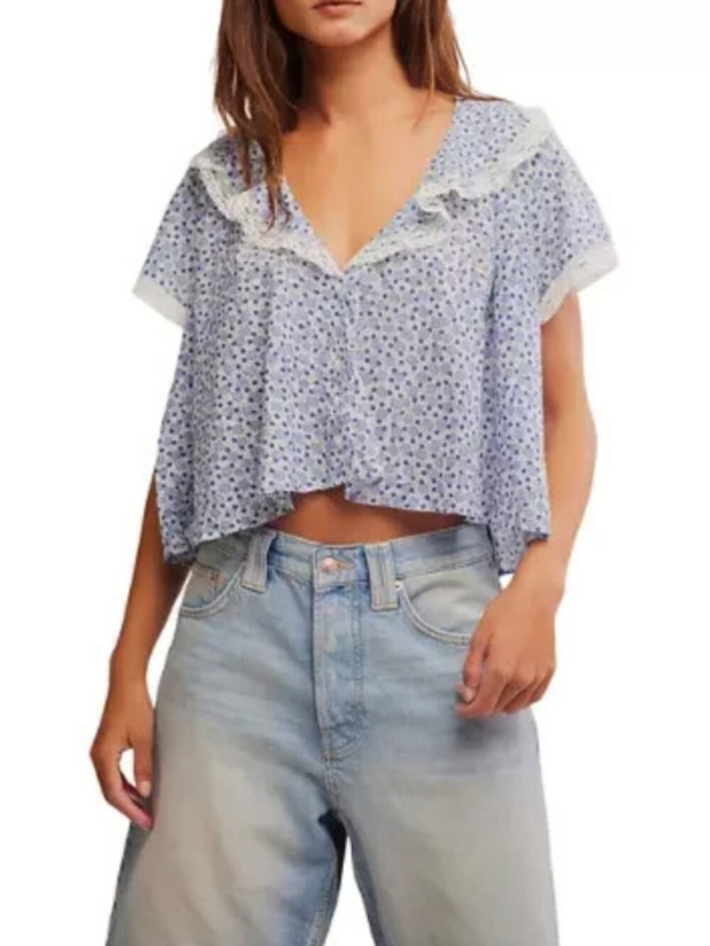 Free People Truly Yours Top V Neck Short Sleeve Lace Button Shirt M